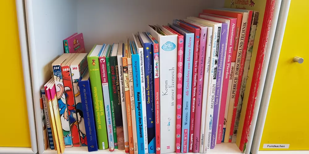 There are lots of books and games on a shelf.